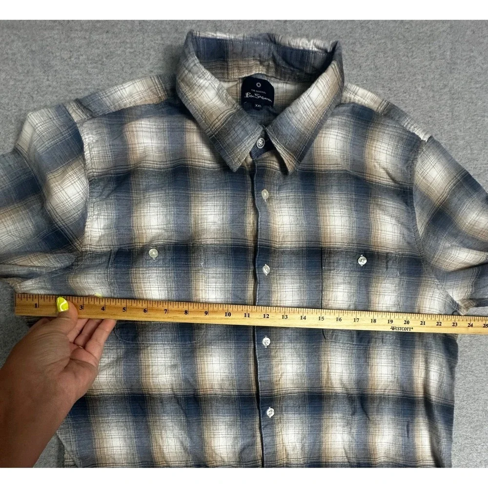 Ben Sherman Mens XXL Blue Tan Plaid Long Sleeve Button Down‎ Flannel Shirt